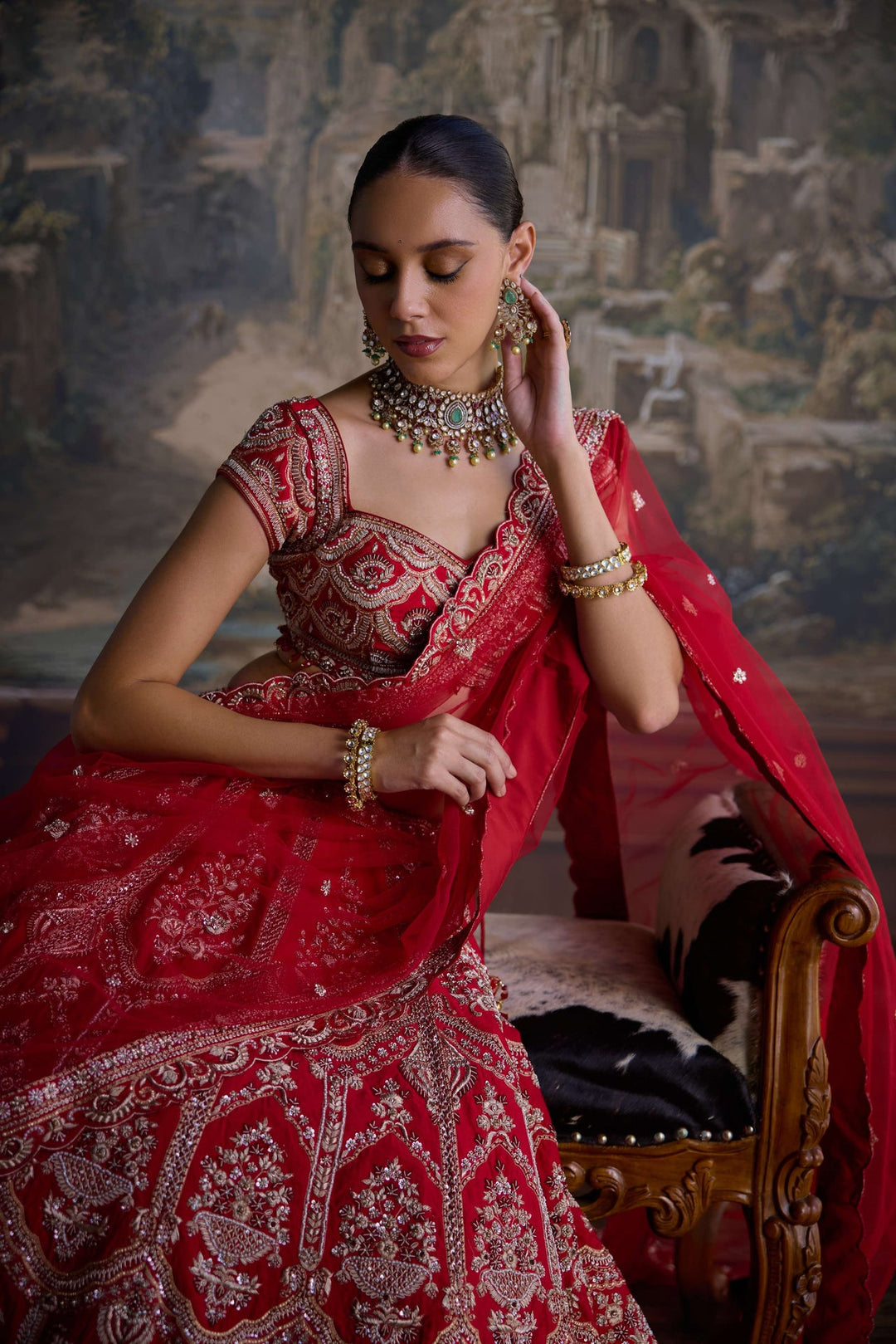 Neerus Red silk hand embroidered bridal lehenga set - detail view 1