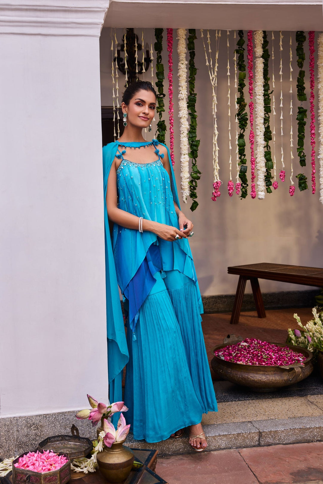 Neerus Blue silk printed peplum suit set with palazzo - front view