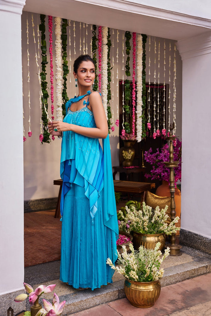 Neerus Blue silk printed peplum suit set with palazzo - side view