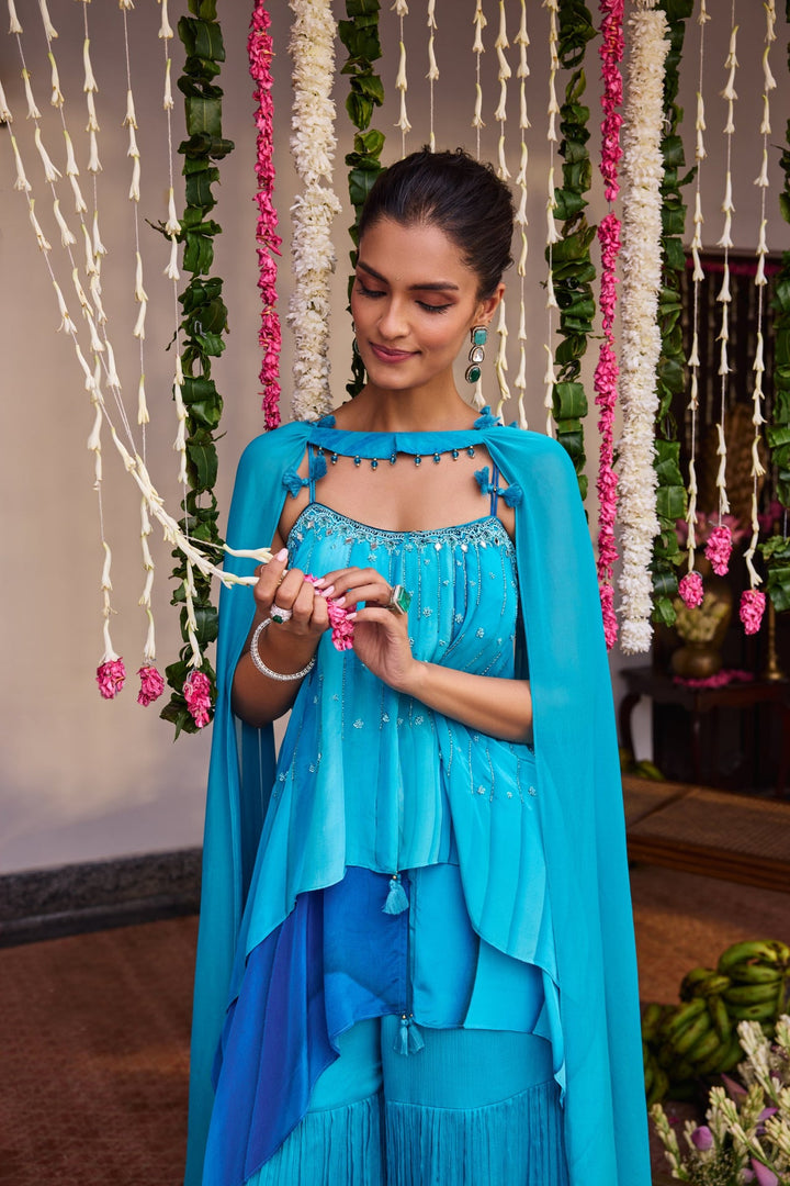 Blue Silk Printed Peplum Set With Palazoo