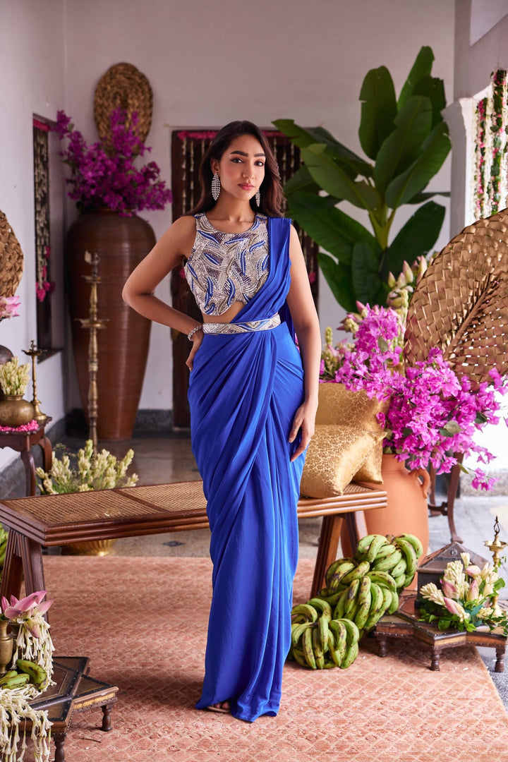 Neerus Blue crepe embroidered drape saree - front view