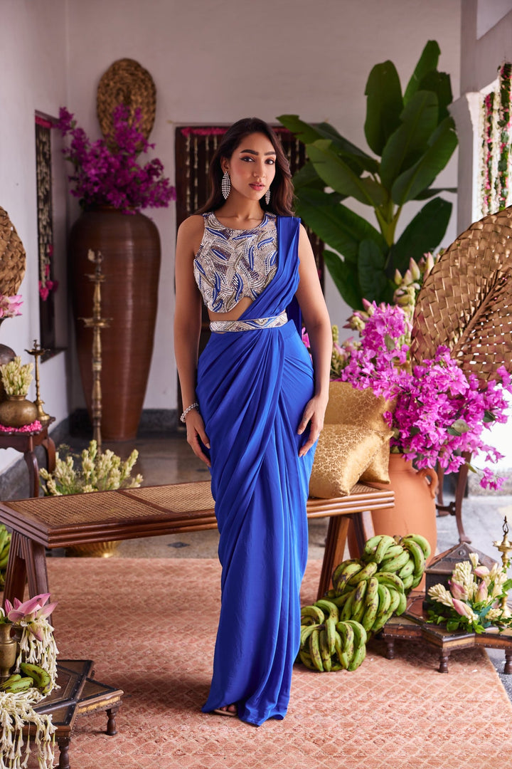 Neerus Blue crepe embroidered drape saree - back view