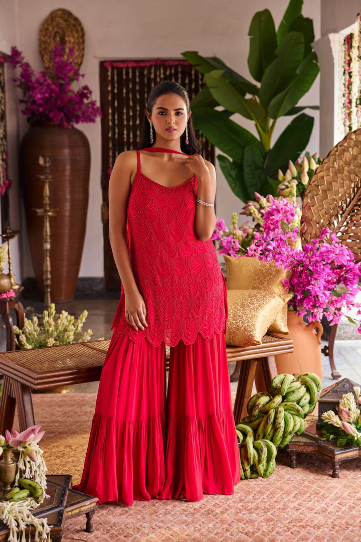 Neerus Red Georgette Embroidered Suit Set - back view