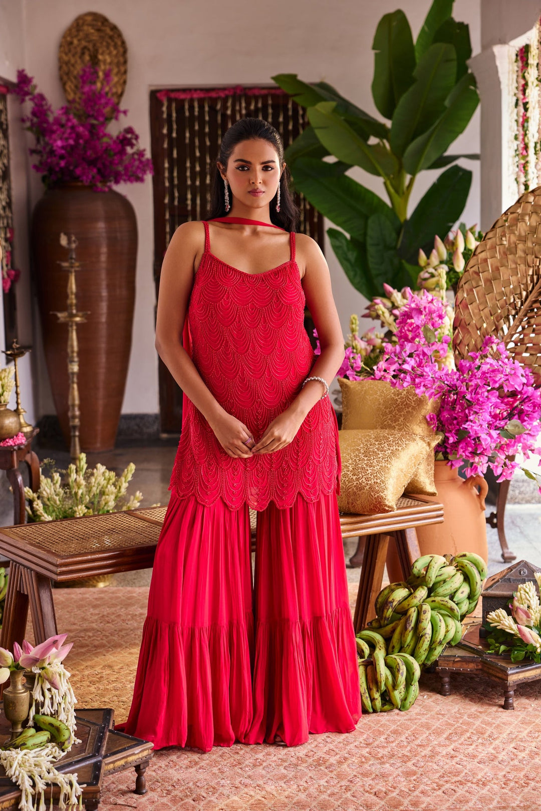 Neerus Red Georgette Embroidered Suit Set - front view