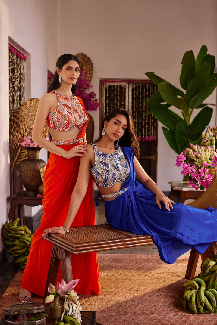 Neerus Blue crepe embroidered drape saree - detail view 1