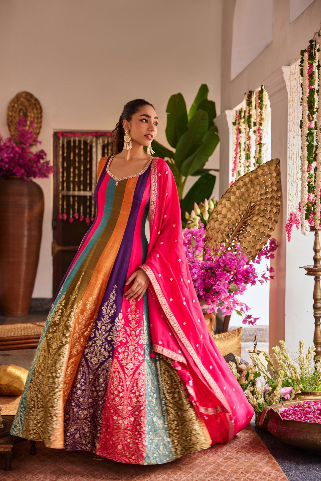 Neerus Pink silk embroidered anarkali suit set - front view