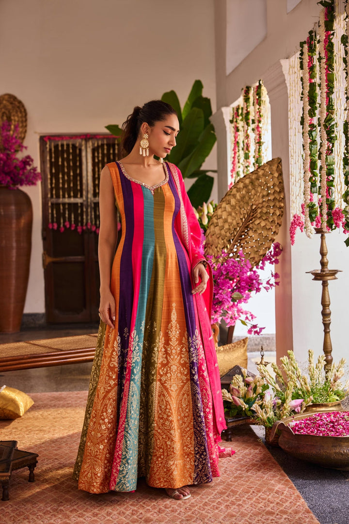 Neerus Pink silk embroidered anarkali suit set - back view