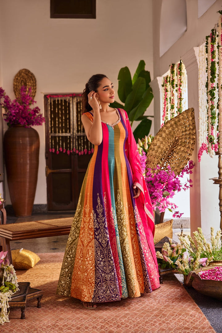 Neerus Pink silk embroidered anarkali suit set - detail view 1