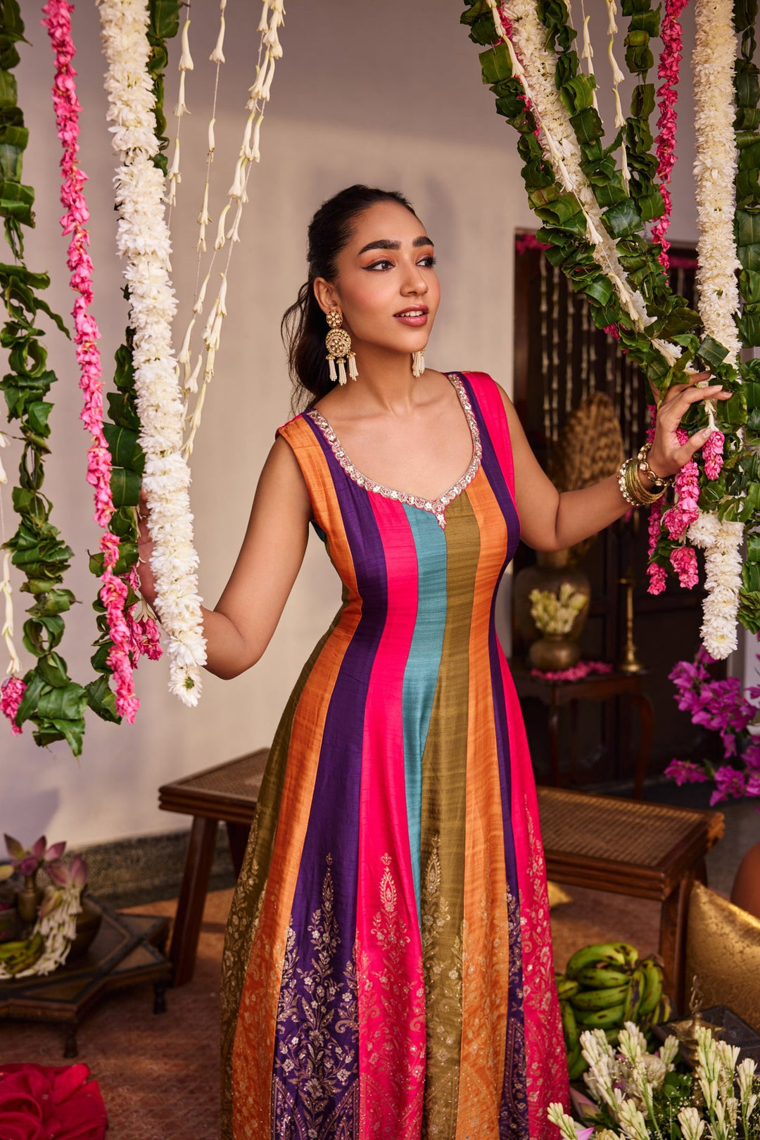 Neerus Pink silk embroidered anarkali suit set - side view