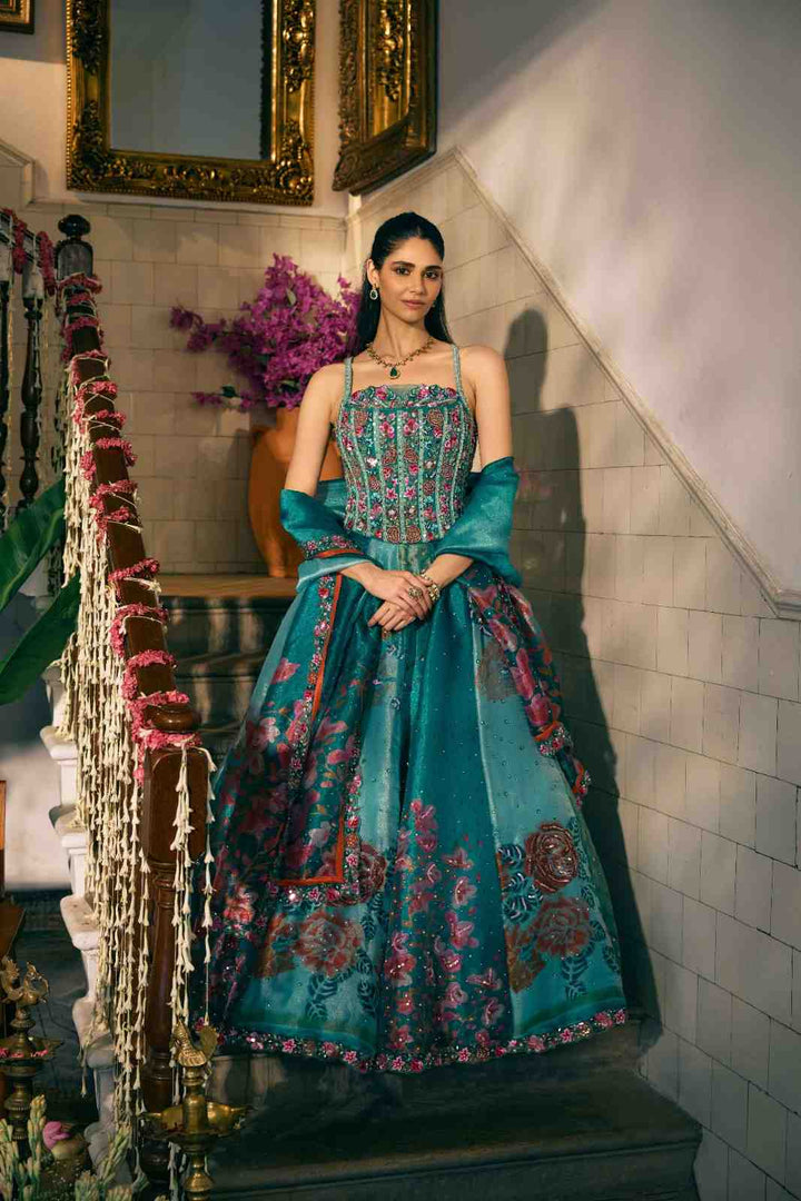 Neerus Green tissue hand embroidered lehenga set - front view