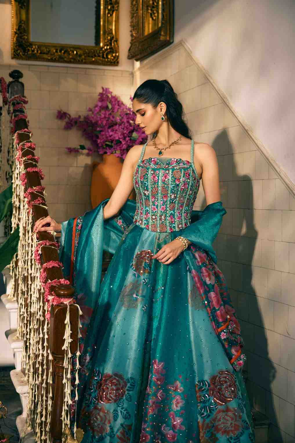 Neerus Green tissue hand embroidered lehenga set - side view