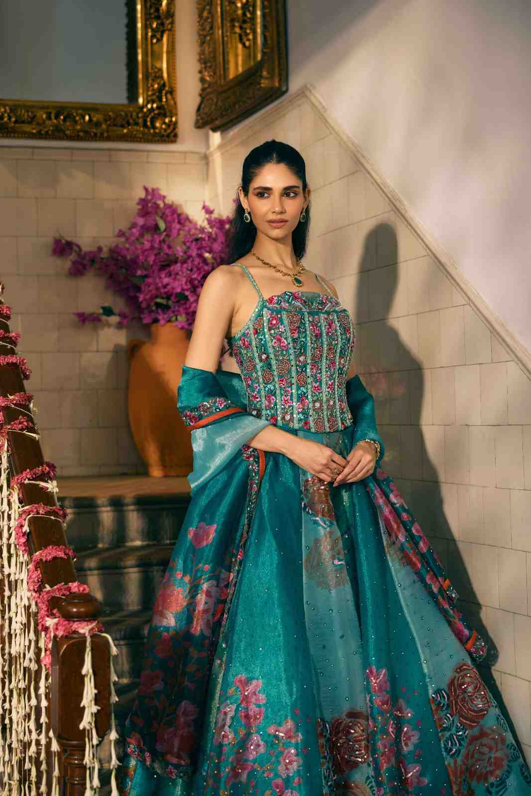 Neerus Green tissue hand embroidered lehenga set - back view