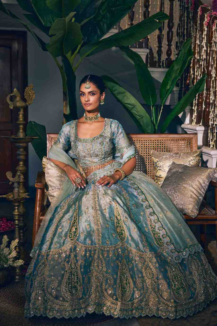 Sky Blue Tissue Zari Embroidery Ghagra Set