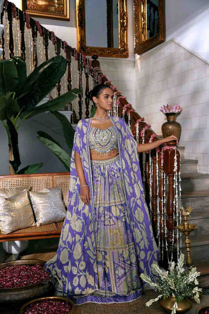 Purple Chinnon Hand Embriodery Jacket Ghagra Set
