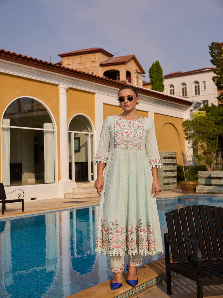 Neerus Mint Embroidered Anarkali Kurta and Trousers With Dupatta