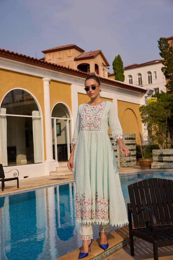 Neerus Mint Embroidered Anarkali Kurta and Trousers With Dupatta