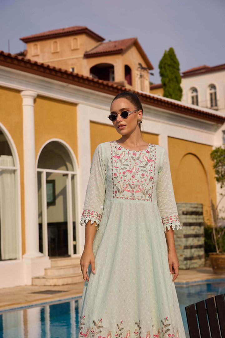 Neerus Mint Embroidered Anarkali Kurta and Trousers With Dupatta