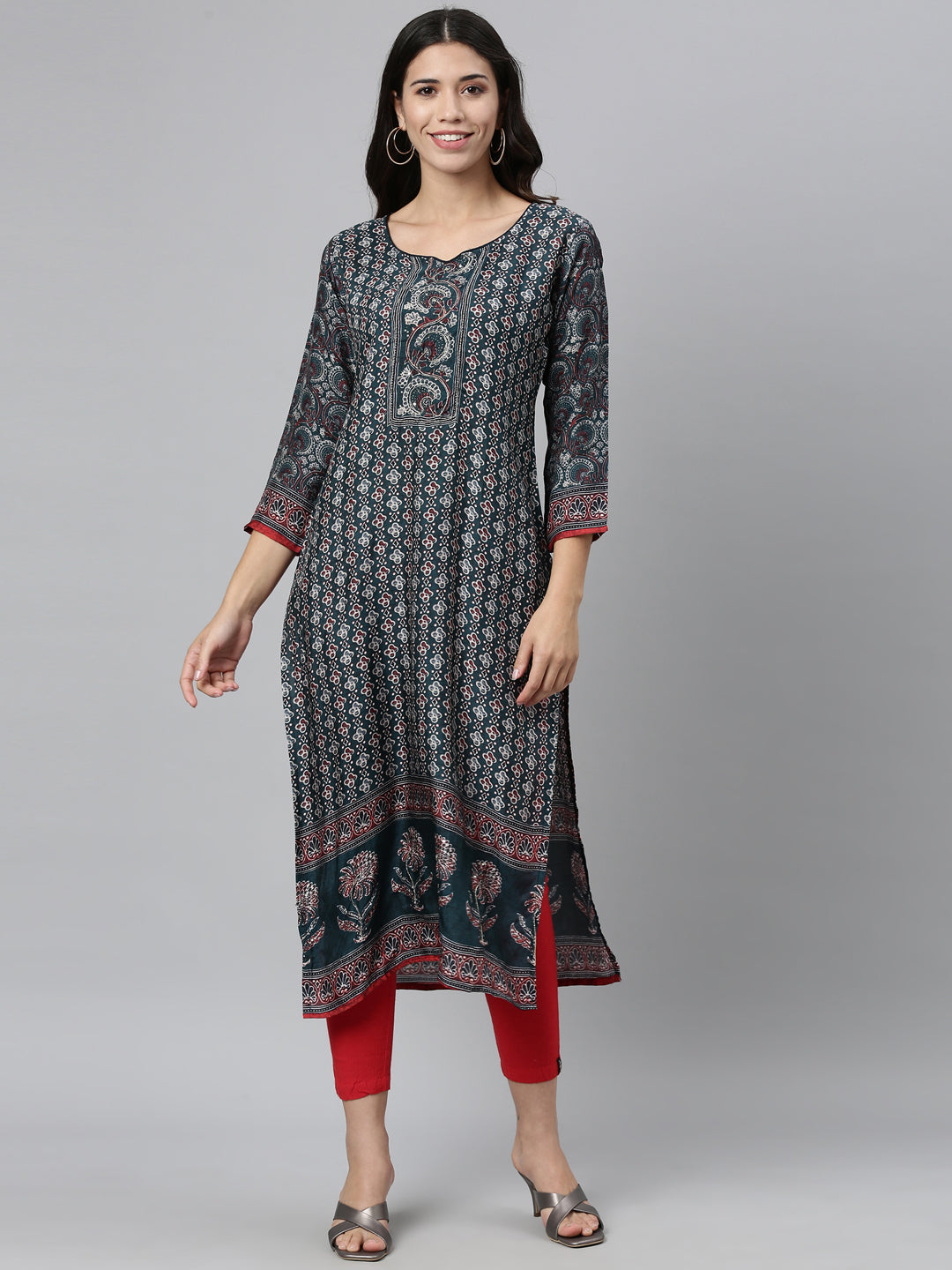Neerus Green printed ethnic kurta for women - front view
