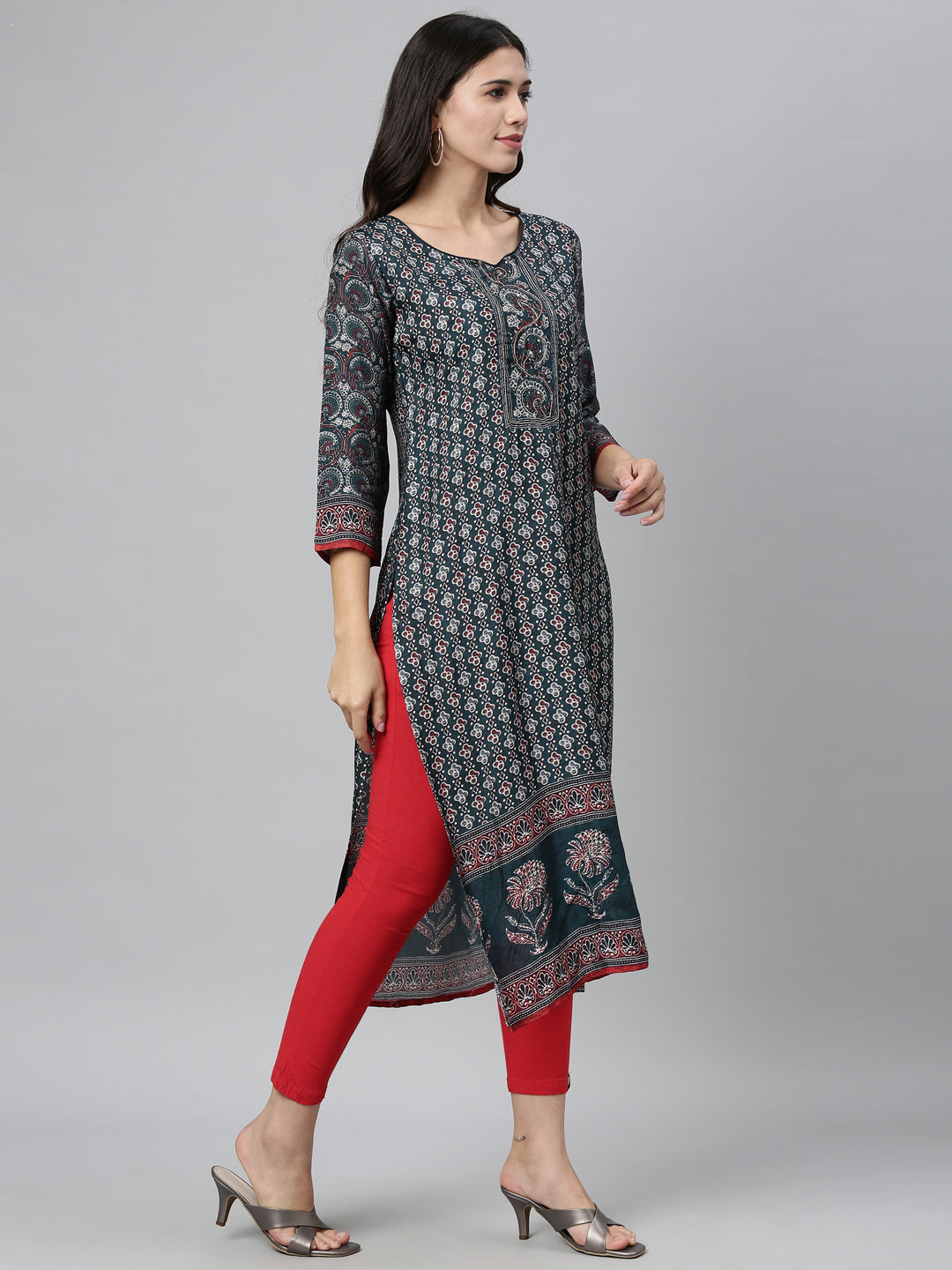 Neerus Green printed ethnic kurta for women - back view