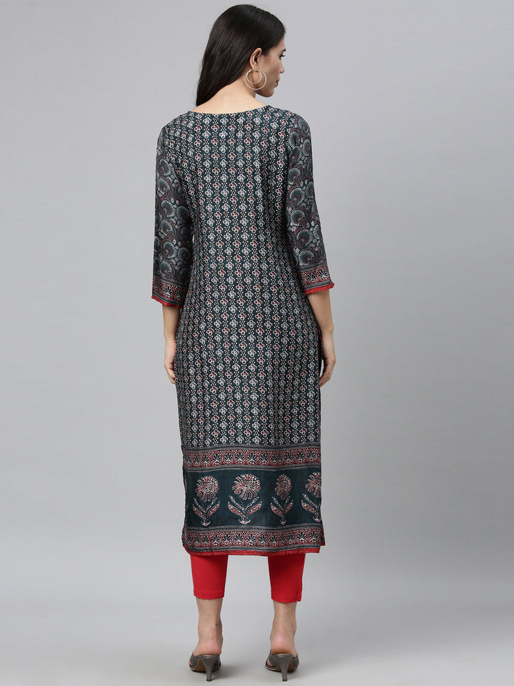 Neerus Green printed ethnic kurta for women - detail view 1