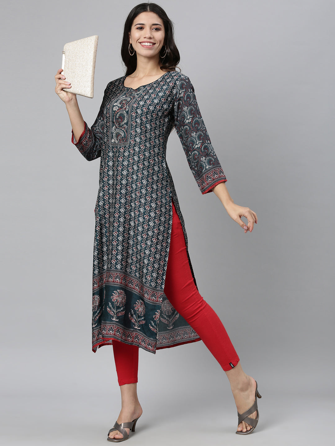 Neerus Green printed ethnic kurta for women - detail view 3