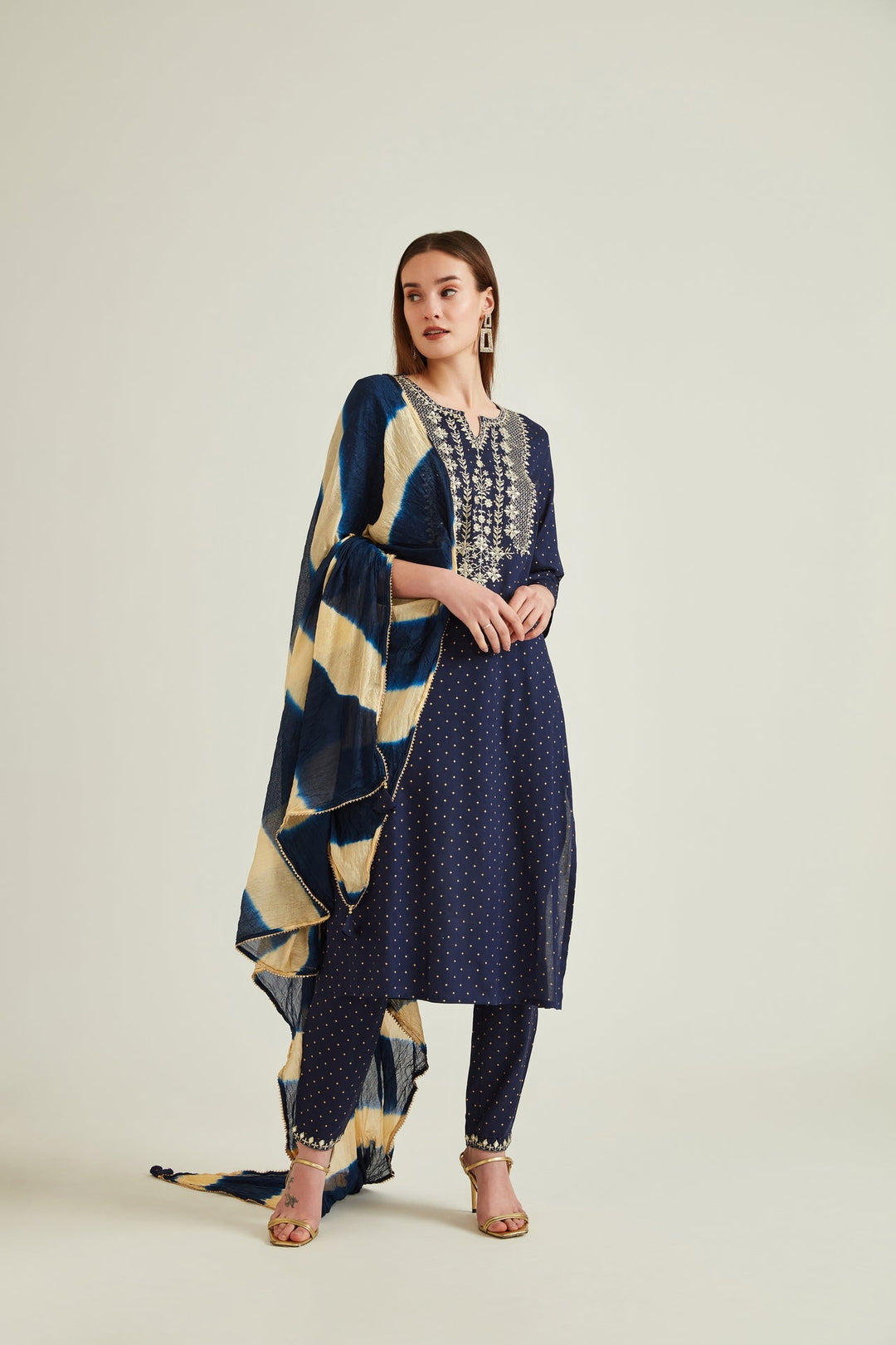 Neerus Blue embroidered suit set with trouser and dupatta - front view