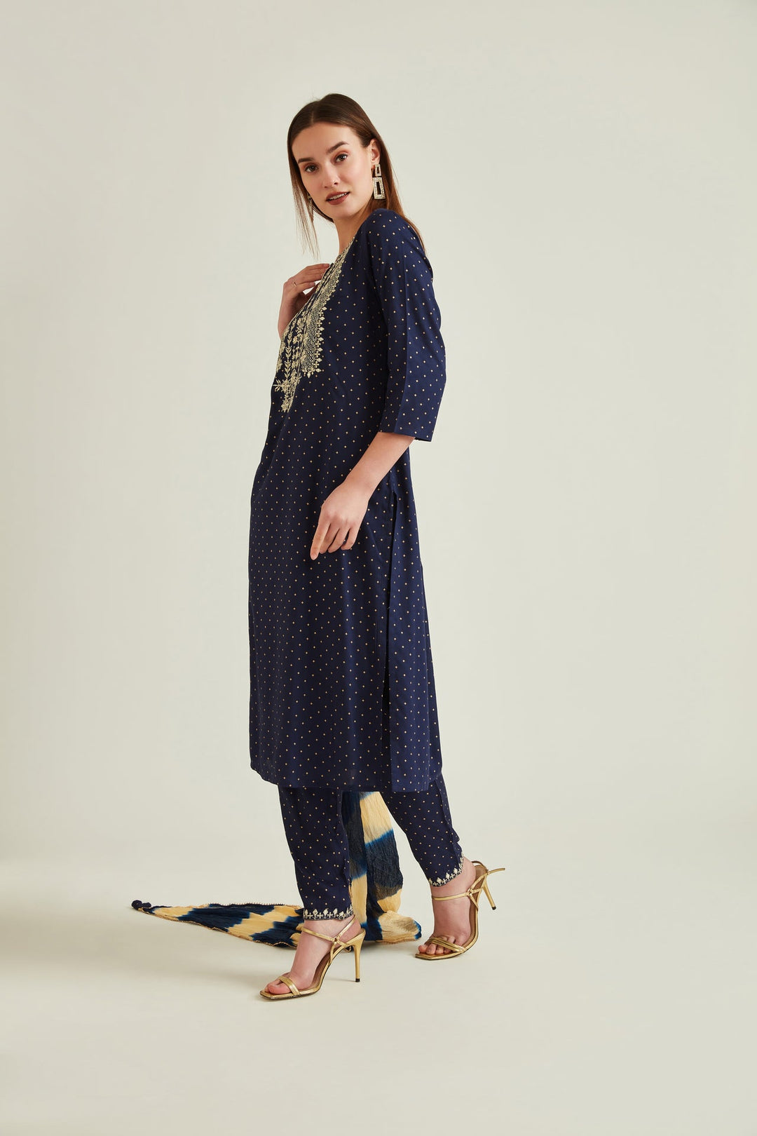 Neerus Blue embroidered suit set with trouser and dupatta - detail view 3