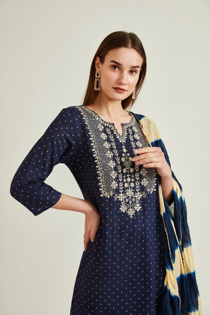 Neerus Blue embroidered suit set with trouser and dupatta - detail view 1