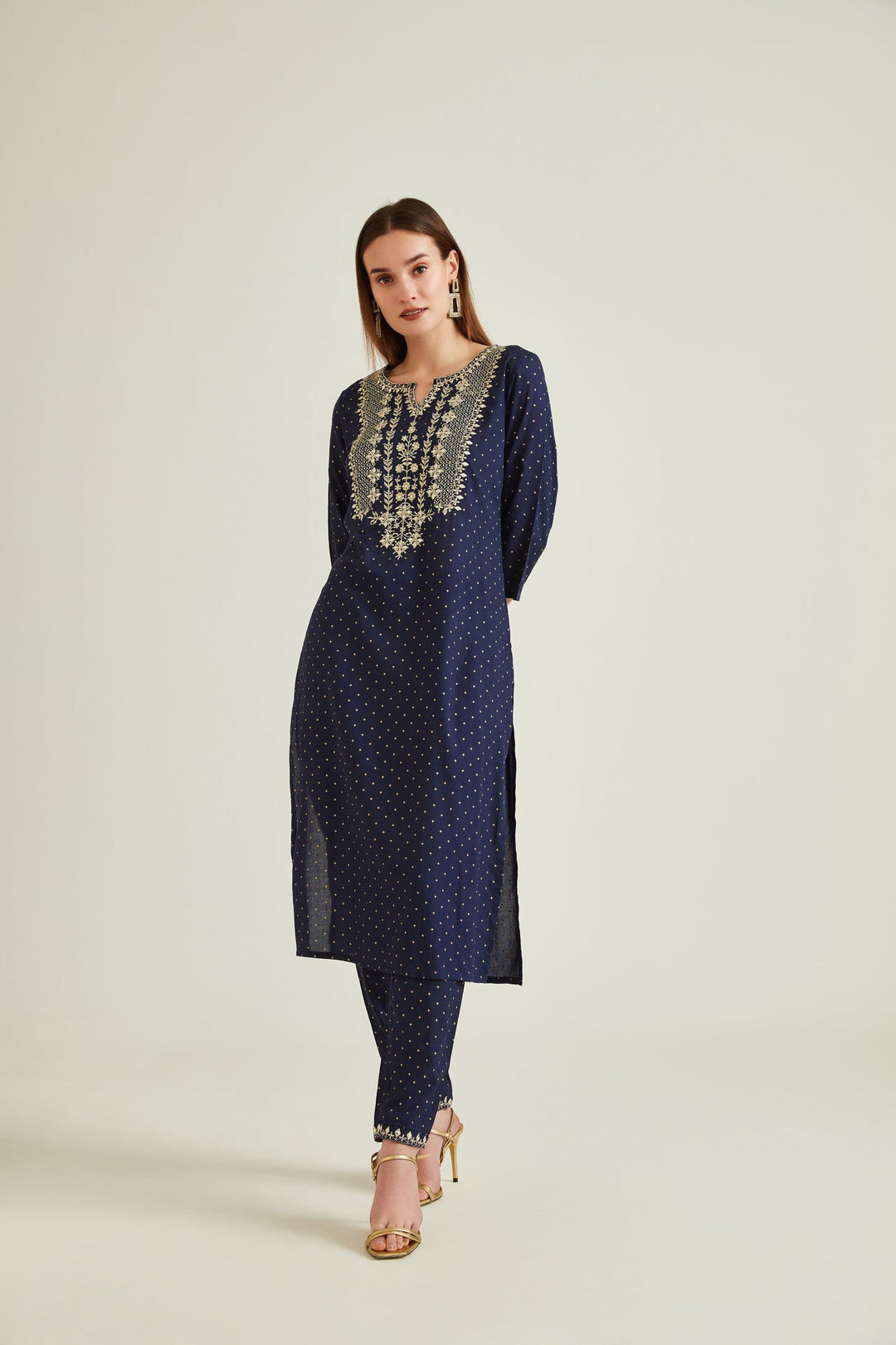 Neerus Blue embroidered suit set with trouser and dupatta - back view