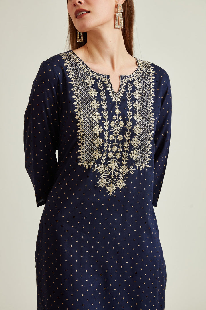 Neerus Blue embroidered suit set with trouser and dupatta - detail view 2