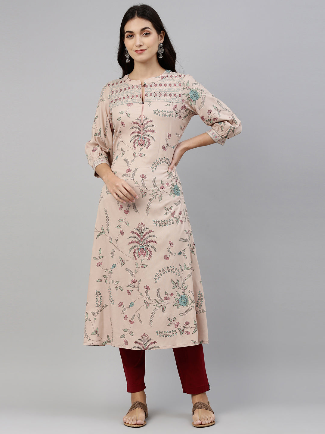 Neerus Beige rayon floral printed kurti - detail view 2