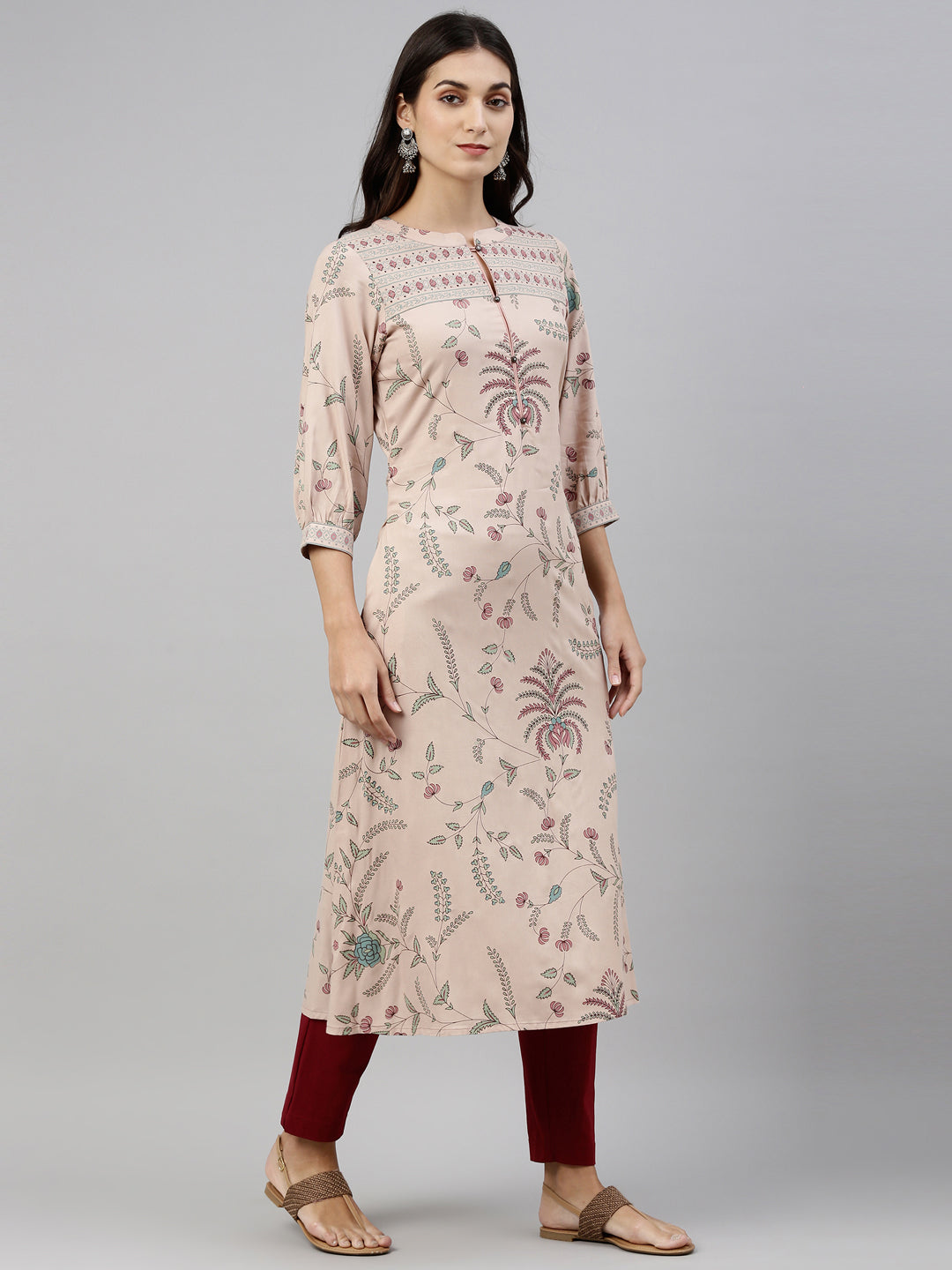 Neerus Beige rayon floral printed kurti - back view