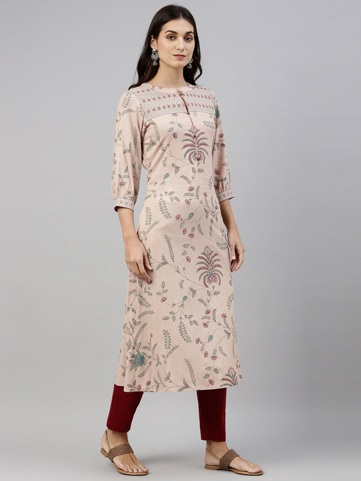 Neerus Beige rayon floral printed kurti - back view