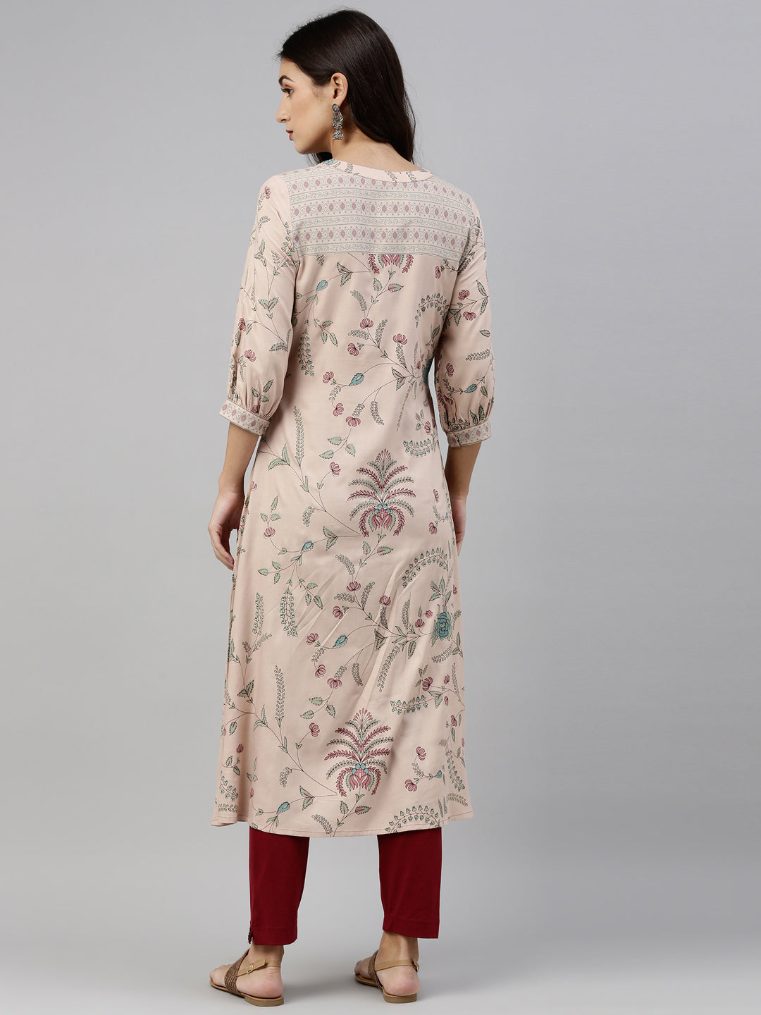 Neerus Beige rayon floral printed kurti - side view