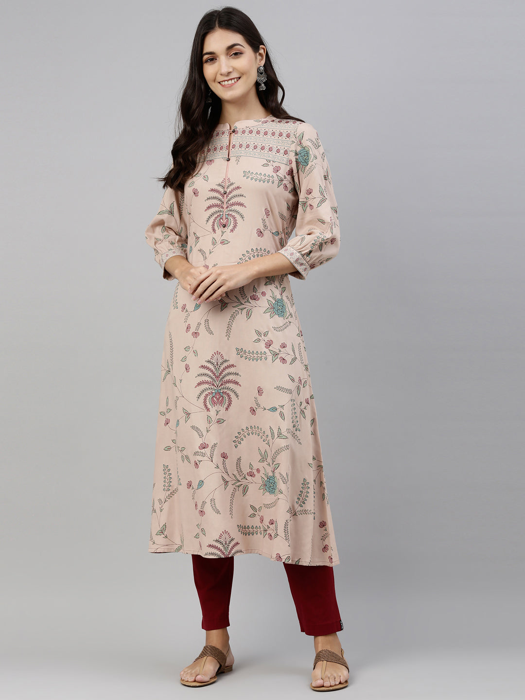 Neerus Beige rayon floral printed kurti - front view