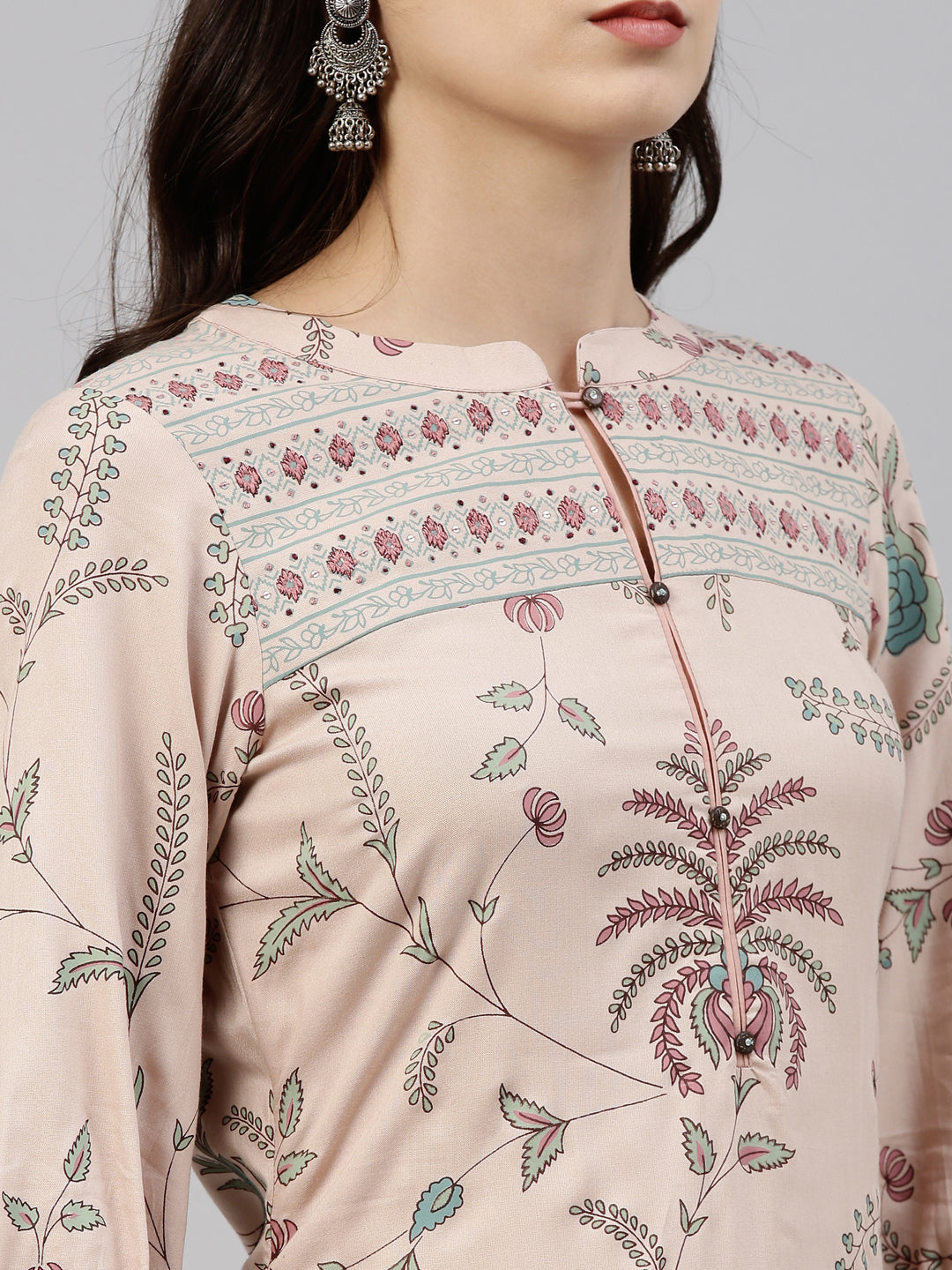 Neerus Beige rayon floral printed kurti - detail view 1