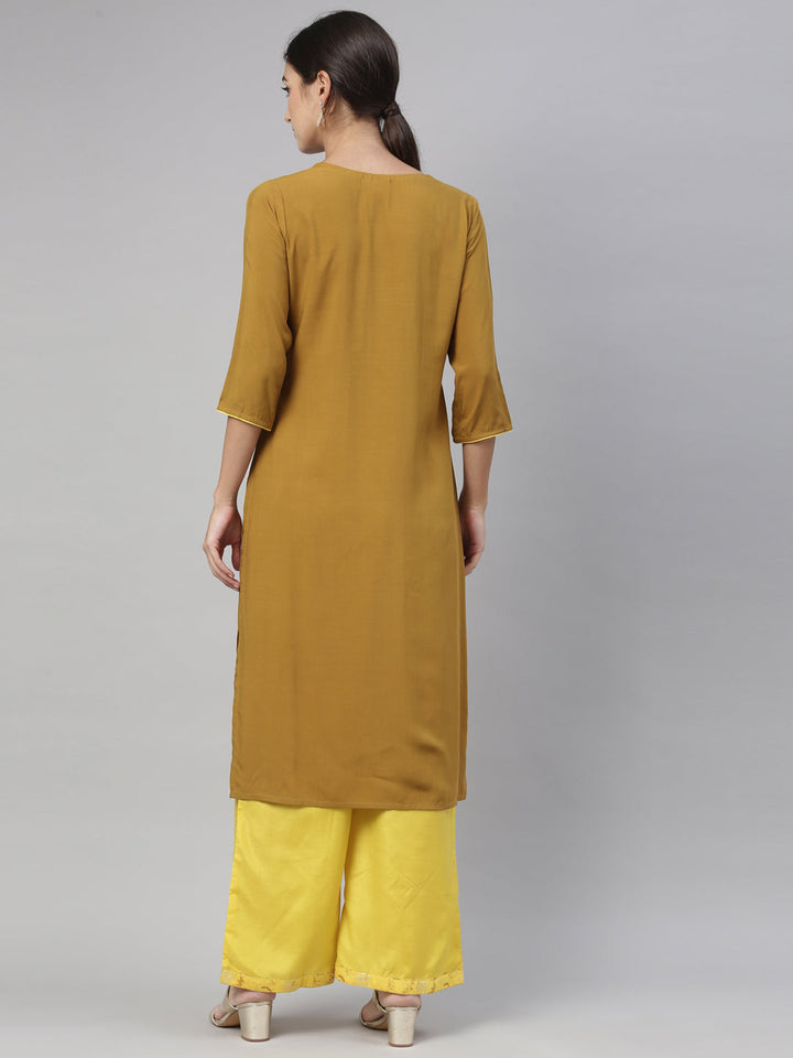 Neerus Yellow floral embroidered kurta set with palazzo - side view