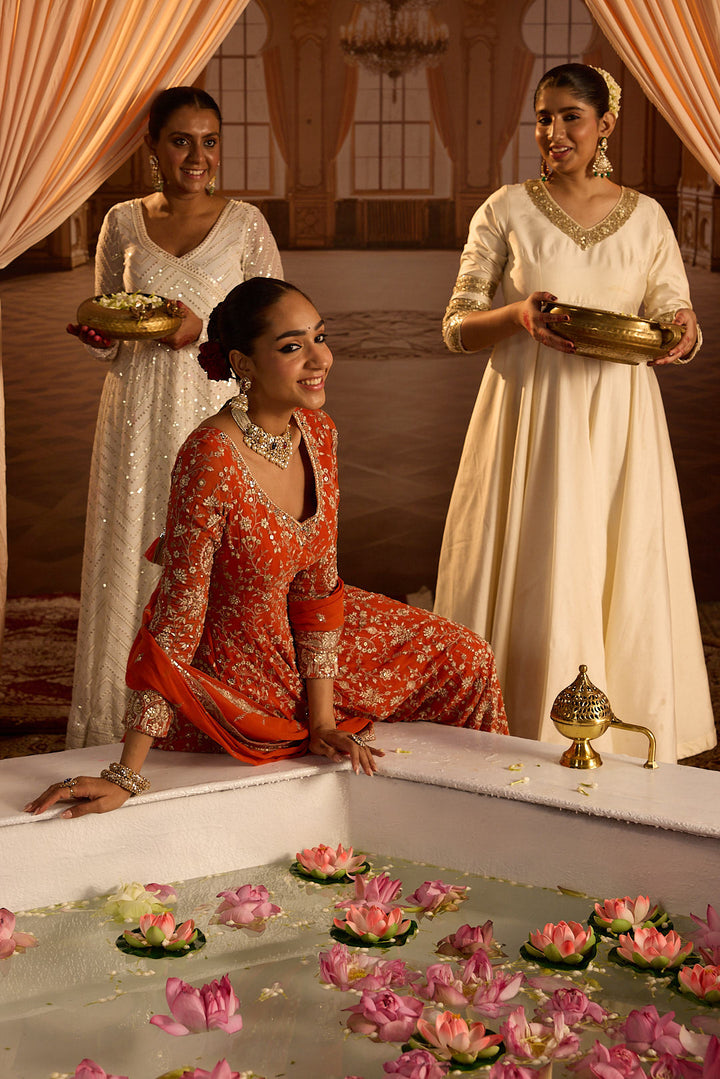 Neerus Orange georgette embroidered Anarkali suit set - detail view 1