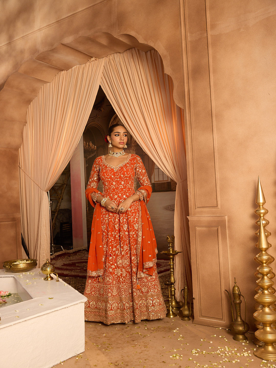 Neerus Orange georgette embroidered Anarkali suit set - front view