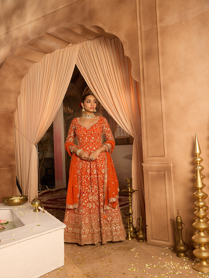 Neerus Orange georgette embroidered Anarkali suit set - front view