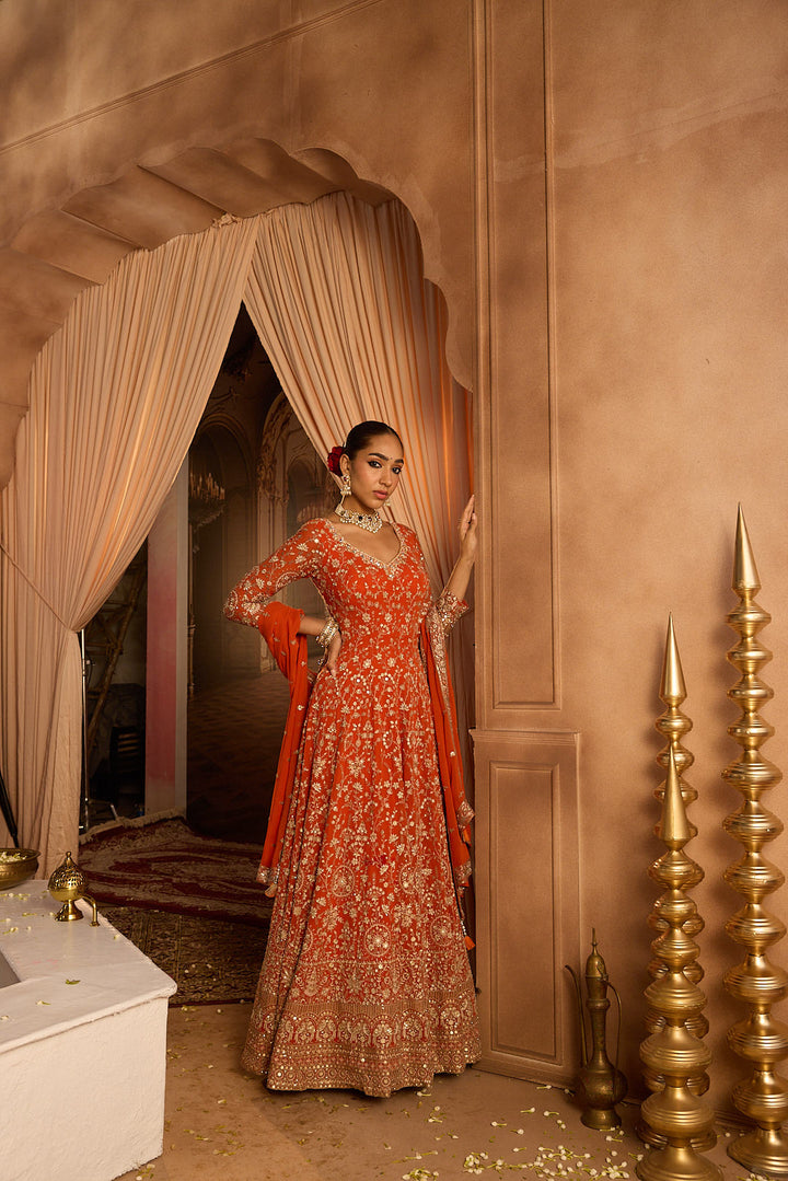 Neerus Orange georgette embroidered Anarkali suit set - side view