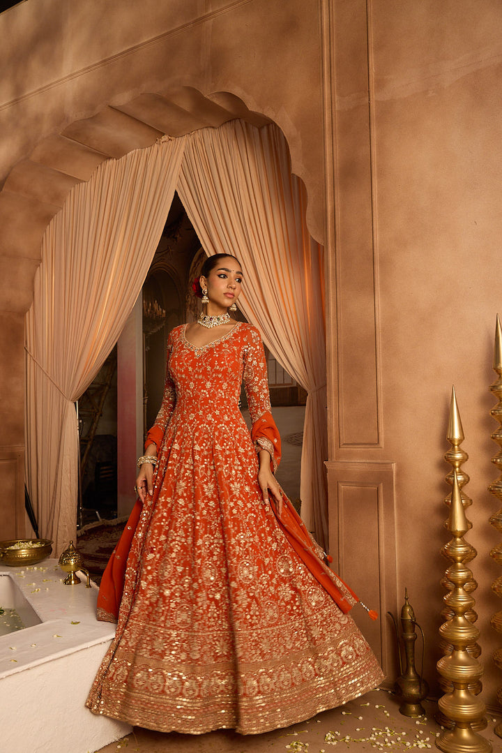 Neerus Orange georgette embroidered Anarkali suit set - detail view 2