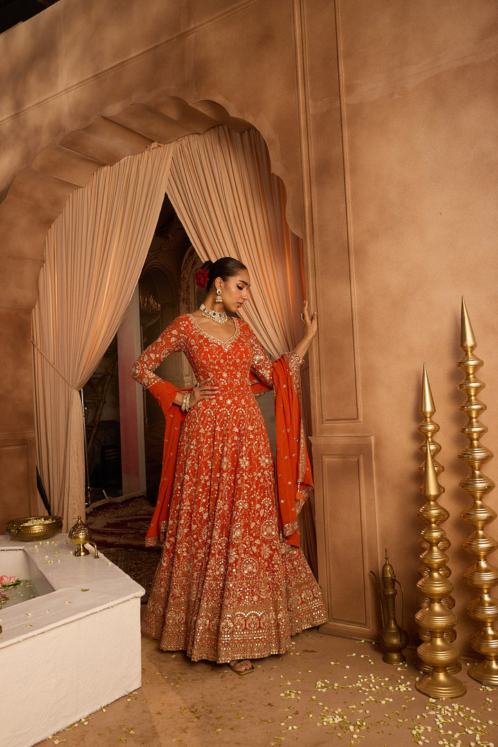 Neerus Orange georgette embroidered Anarkali suit set - detail view 4