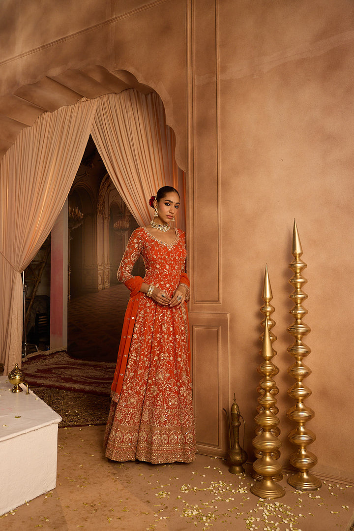 Neerus Orange georgette embroidered Anarkali suit set - detail view 6