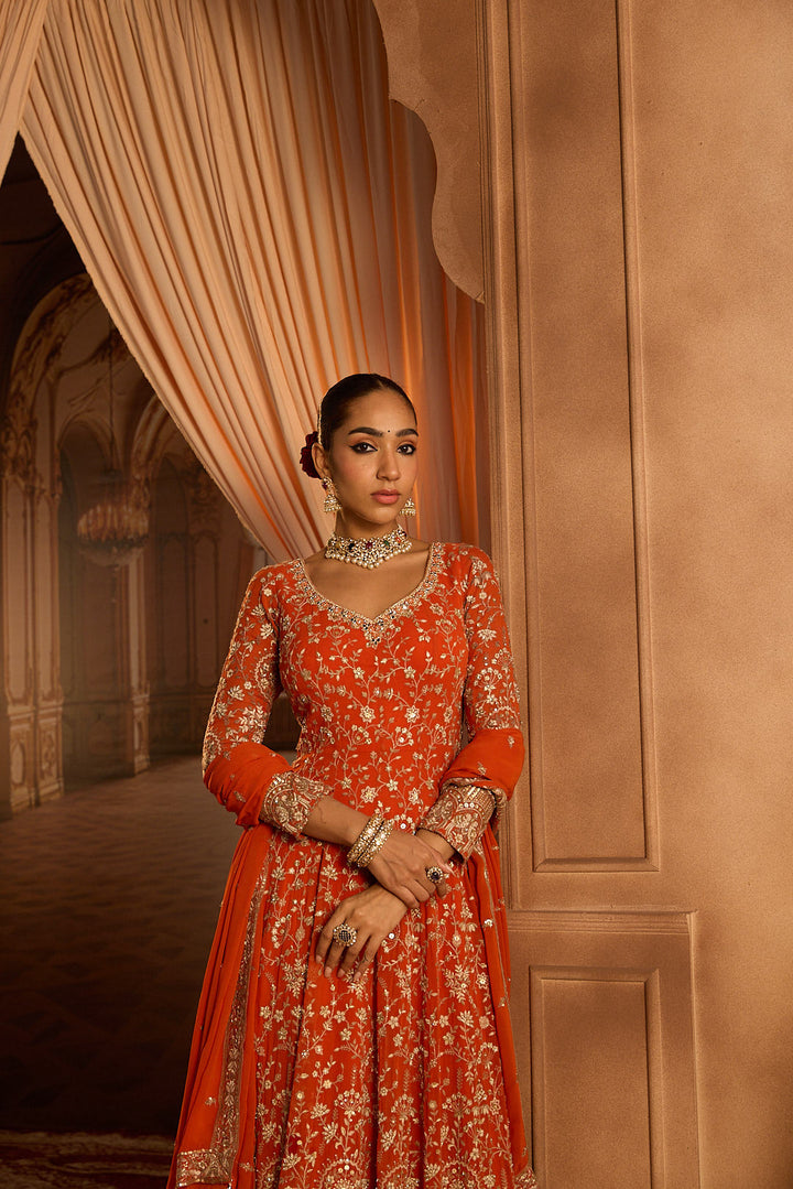 Neerus Orange georgette embroidered Anarkali suit set - back view