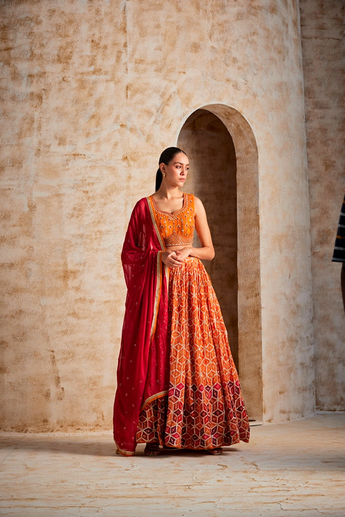 Neerus Orange Chinon flared lehenga set - back view