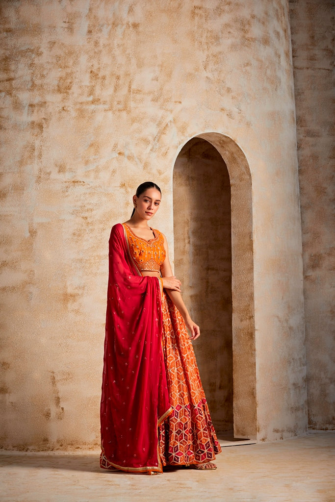 Neerus Orange Chinon flared lehenga set - side view