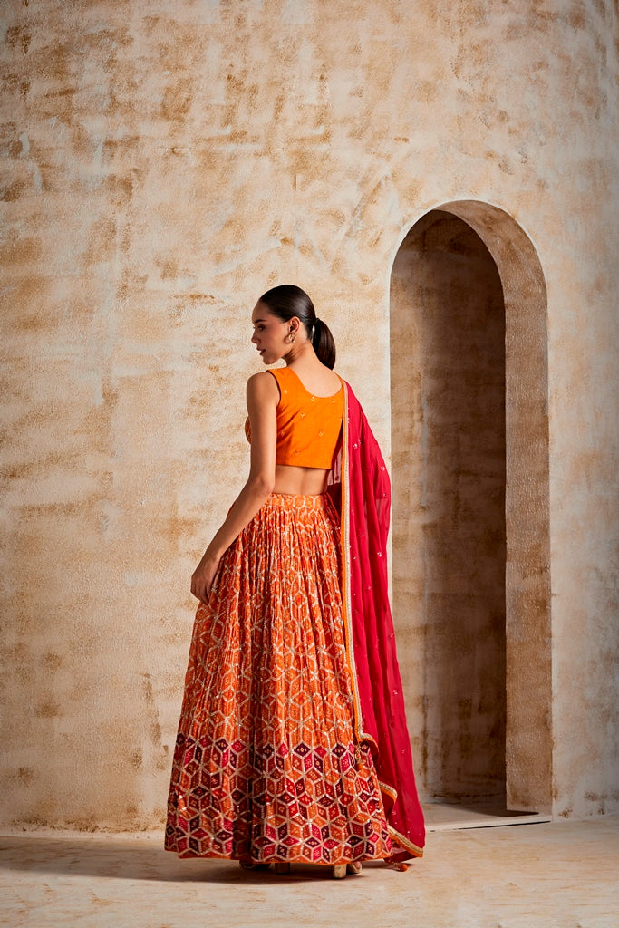 Neerus Orange Chinon flared lehenga set - detail view 1