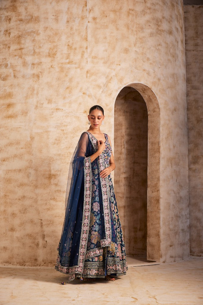 Neerus Blue silk embroidered gown - back view