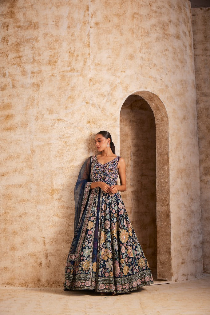 Neerus Blue silk embroidered gown - front view